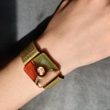 Cristalida Jewelry Set / Ring, Bracelet / Green, Orange/ Fused Glass, Leather / Gift For Her