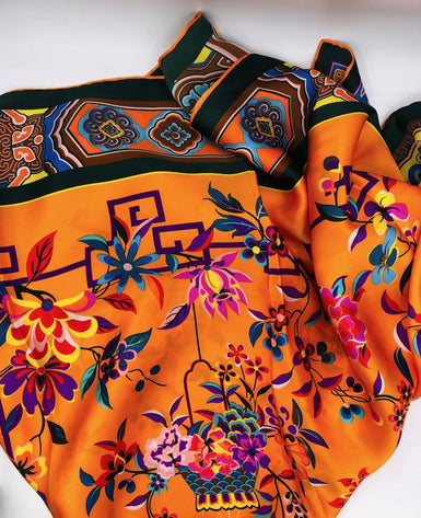 Fashion Luxury Silk Scarf For Women / Bright Orange, Dark Green, Multicolor / 35" x 35", 12 mm / 100% Silk Satin
