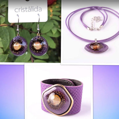 Cristalida Fashion Jewelry Set For Women, Bright Purple, Bracelet / Short Necklace / Earrings, Gift Set