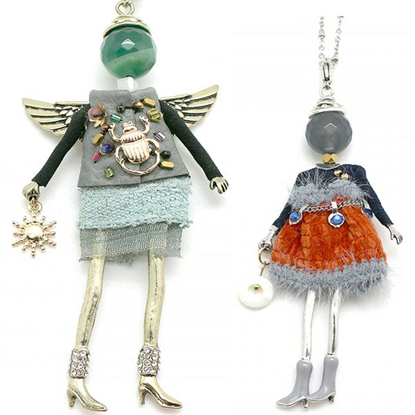 cute doll pendants made of gemstones on a long fashion chain