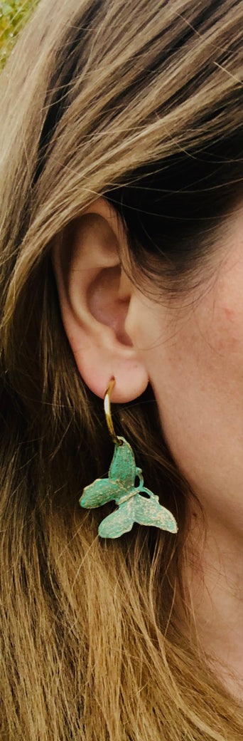 Kalliope Small Hoop Butterfly Earrings / Brass / Green/ Fashion Jewelry
