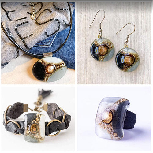 Cristalida Jewelry Set / Short Necklace, Bracelet, Earrings, Ring / Black, White, Grey / Gift Idea