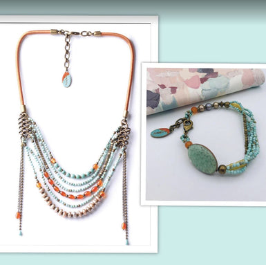 Nature Bijoux Gemstone Set / Necklace, Bracelet / Blue Howlite, Pearls, Agate, Hematite / Light Blue, Multicolor