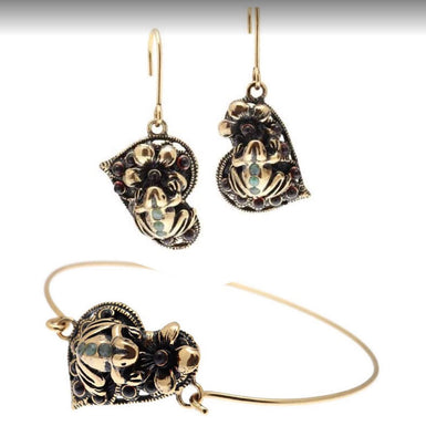 Alcozer Fog On The Heart Jewelry Set / Bracelet, Earrings / Golden Brass, Emeralds, Garnets