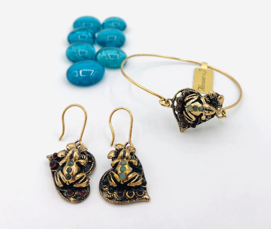 Alcozer Fog On The Heart Jewelry Set / Bracelet, Earrings / Golden Brass, Emeralds, Garnets-3