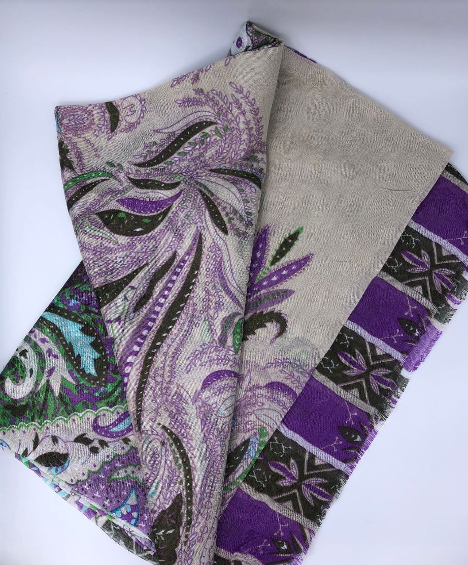 Long Thin Winter Scarf / Wool, Silk / Paisley Print / Purple, Beige, Green / 27.56" x 70.87" - 0