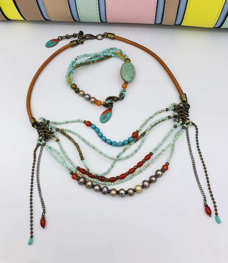 Nature Bijoux Gemstone Set / Necklace, Bracelet / Blue Howlite, Pearls, Agate, Hematite / Light Blue, Multicolor