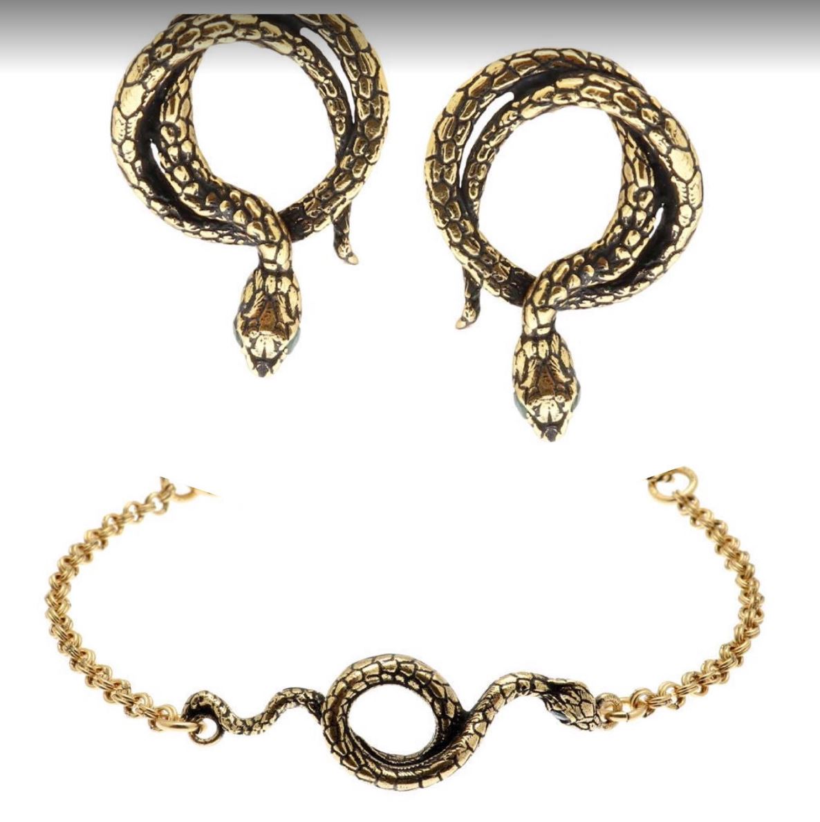 Alcozer Snake Jewelry Set / Golden Brass, Emeralds / Italian Jewelry