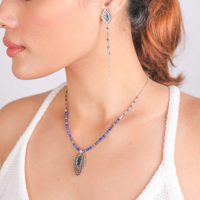 Nature Bijoux Leaf Pendant Short Necklace / Brass, Lapis Lazuli, Paua / Blue / Semi Precious Stones / Fittonia