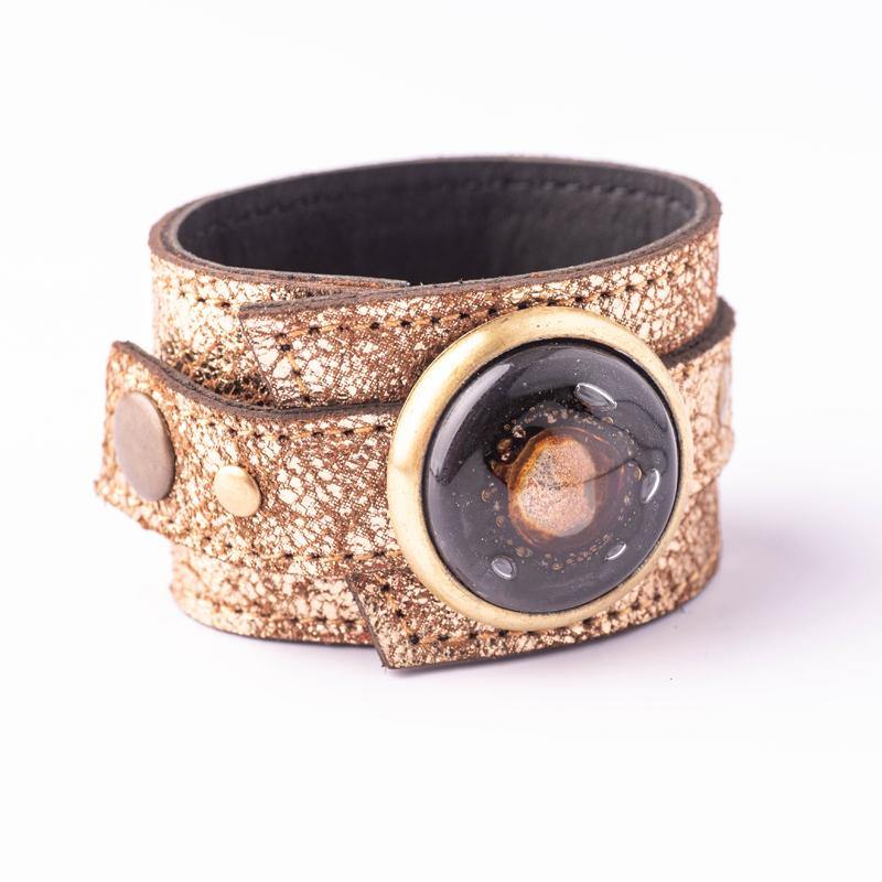 Cristalida Wide Women`s Leather Cuff Bracelet / Adjustable / Gold and Black /Bonaire - JOYasForYou