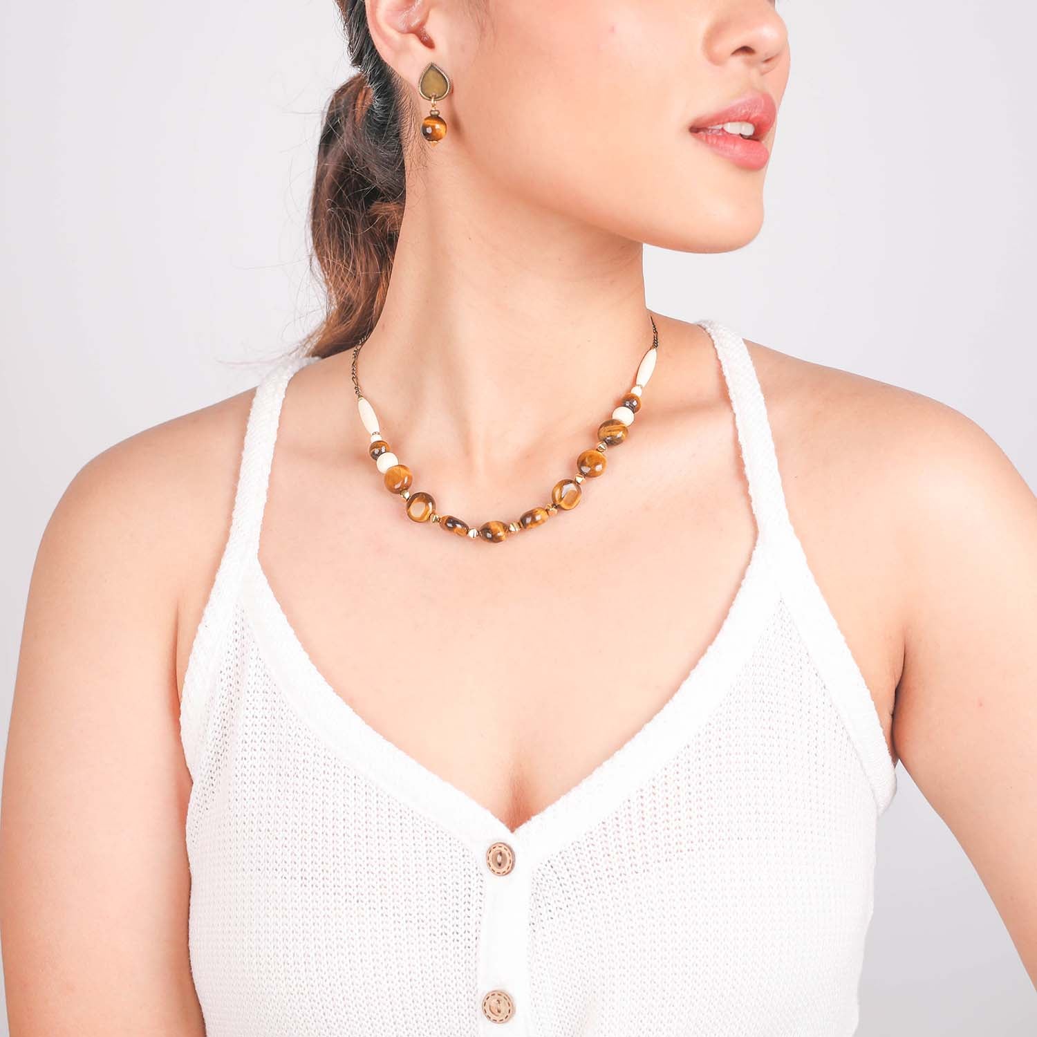 Nature Bijoux Fashion Short Necklace / Tiger Eye, Bone, Brass / White, Brown / Natural Stone / Varanasi - 0
