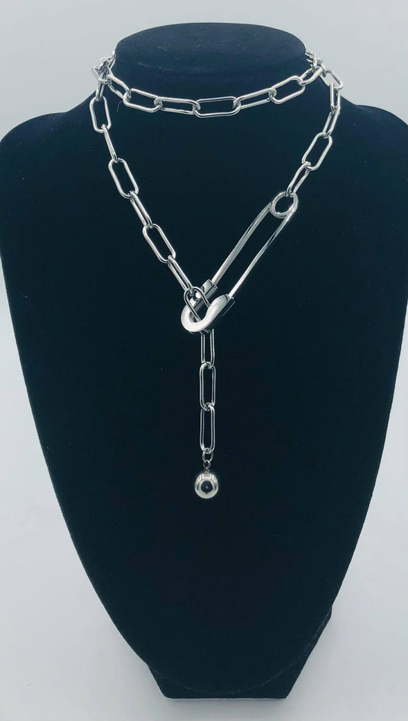 Habana Paris Long Chain Necklace, Stainless Steel, Ball and Pin Pendant, White / Costume Jewelry - JOYasForYou