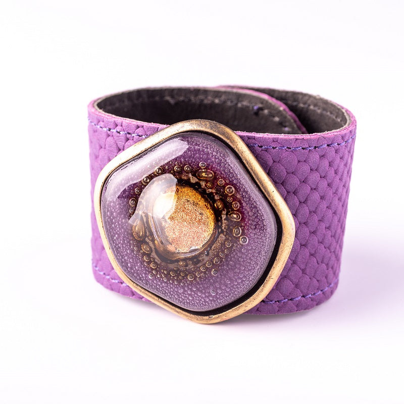 Cristalida Wide Leather Bracelet / Leather, Fused Glass / 1.6 Inches / Fashion Jewelry / Prince