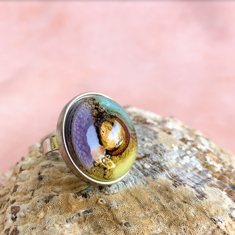 Cristalida Adjustable Ring / Fused Glass, Metal / 1 Inch / Purple, Yellow, Aqua Blue / Fashion Jewelry