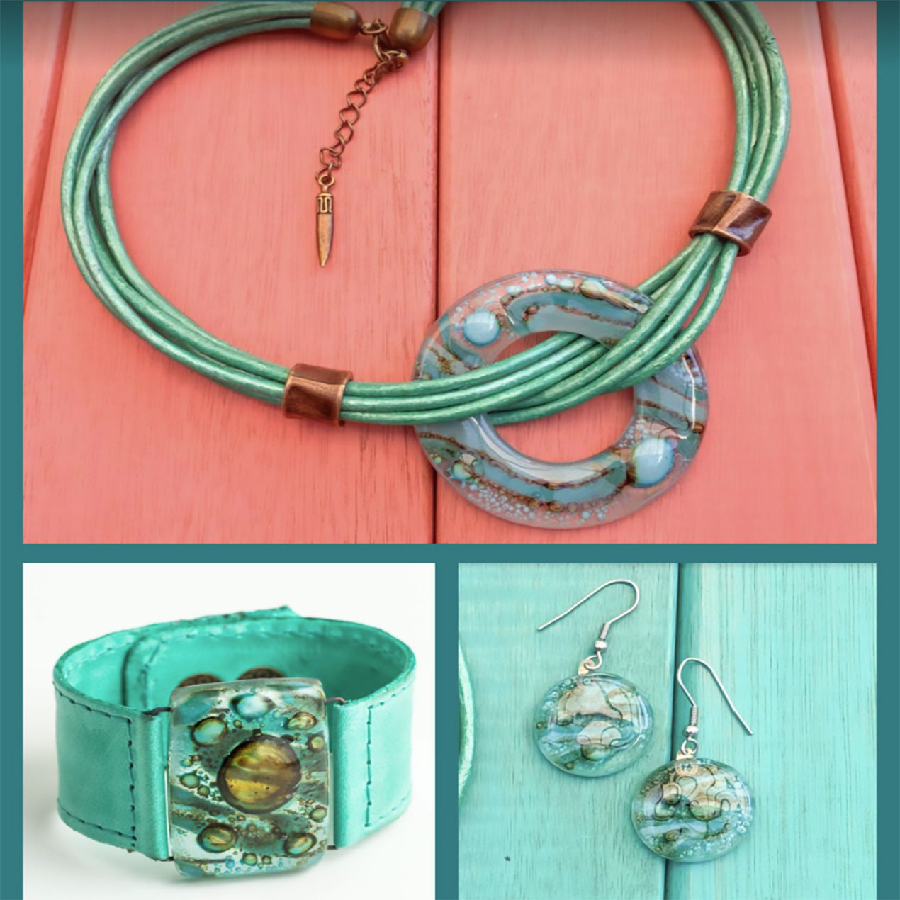 Cristalida Jewelry Set / Short Necklace, 3 Cm Bracelet, Round Earrings / Green Emerald Color-1