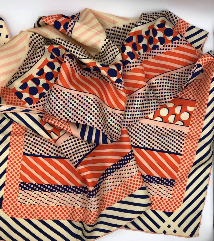 Fashion Stripes and Polka Dots Silk Scarf  For Women / Orange, Beige, Pink, Dark Blue / 26" x 26", 12 mm / 100% Silk Twill - 0