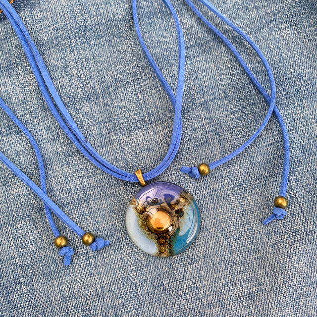 Cristalida Adjustable Length Necklace For Women / Fused Glass, Leather Cord / Blue / Annie