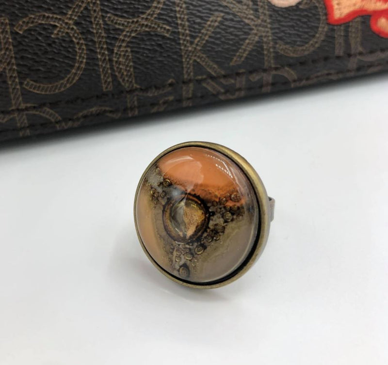 Cristalida Adjustable Ring / Fused Glass, Metal / 1 Inch / Beige, Orange / Fashion Jewelry