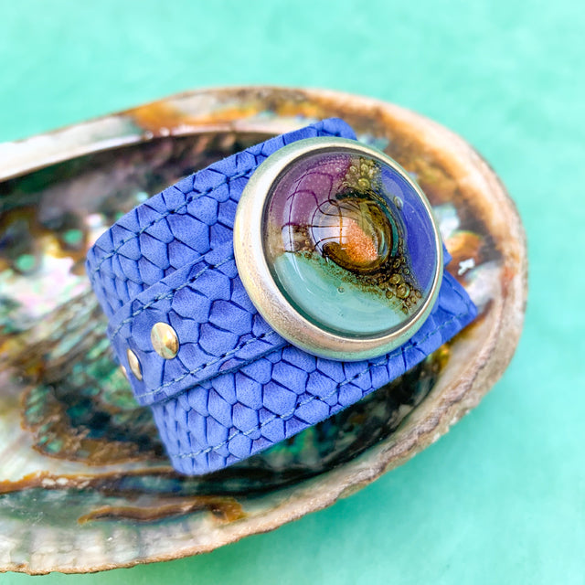 Cristalida Women`s Leather Wristband - Adjustable - Bright Blue, Purple- Width 1.6 Inches - Jewelry - Bonaire