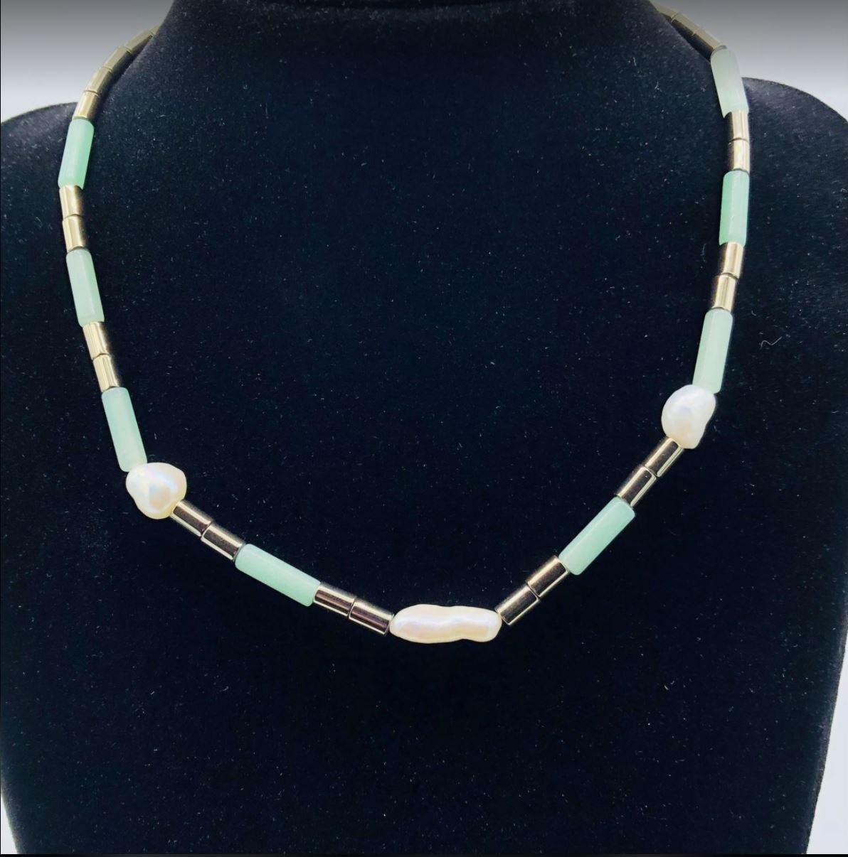 Habana Paris Short Amazonite Necklace / Amazonite, Hematite, Pearls / Green/ Gemstone Jewelry