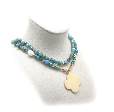 Habana Paris Gemstone Jewelry Set For Women, Blue, White Colors, Earrings / Necklace, Apatite, Pearls, Stainless Steel