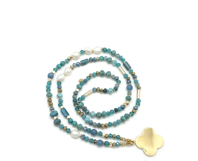Habana Paris Blue Apatite Long Necklace Flower Pendant/ Apatite, Pearls, Stainless Steel, Glass Beads  / Costume Jewelry