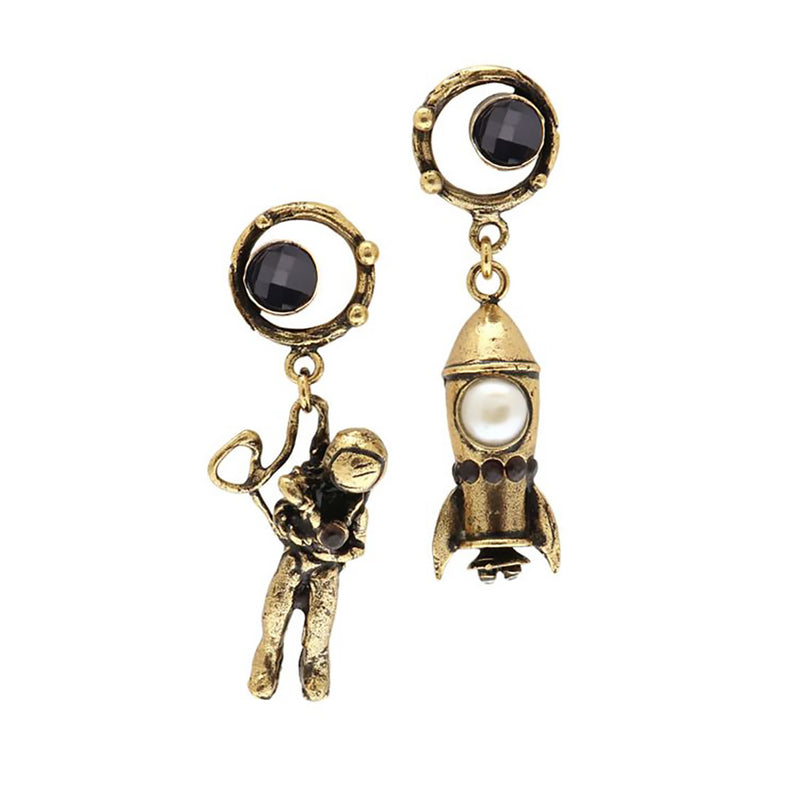Alcozer Asymmetrical Astronaut Rocket Earrings / Golden Brass, Pearl, Garnets / Luxury Earrings