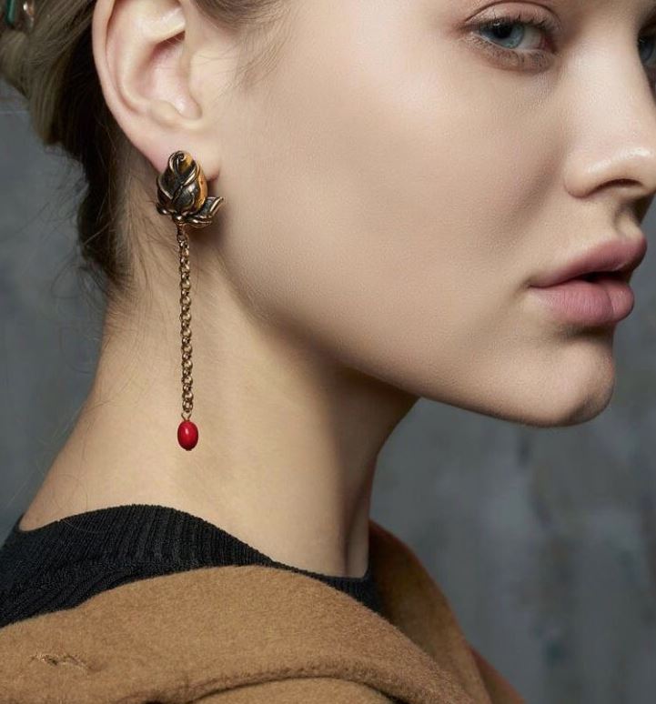Alcozer Asymmetrical Long Chain Rose Earrings / Golden Brass, Gemstone, Swarovski Crystal / Costume Jewelry - 0
