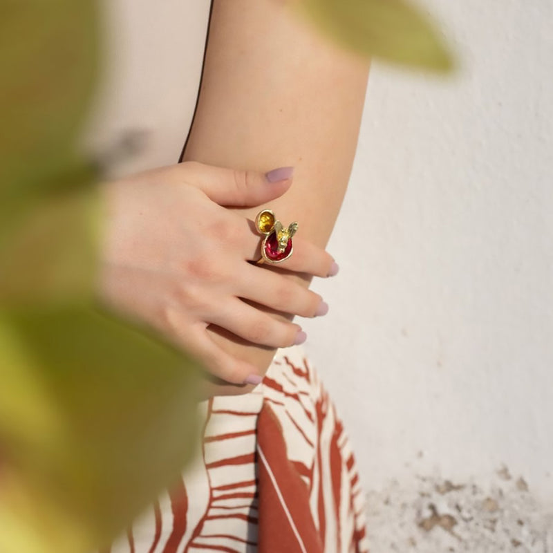 Kalliope Bee Ring For Women / Brass, Enamel / Red, Yellow / Adjustable Ring/ Pupa