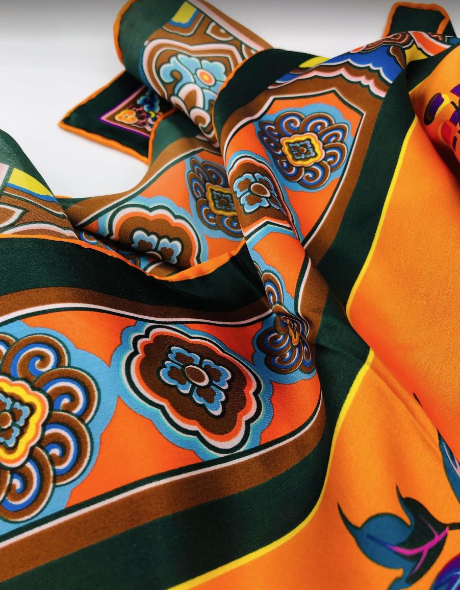 Fashion Luxury Silk Scarf  For Women / Bright Orange, Dark Green, Multicolor / 35" x 35", 12 mm / 100% Silk Satin - 0