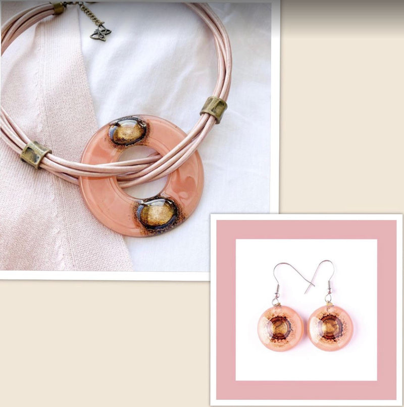 Cristalida Jewelry Set / Short Necklace, Round Earrings / Peach Pink Color / Best Gift Idea