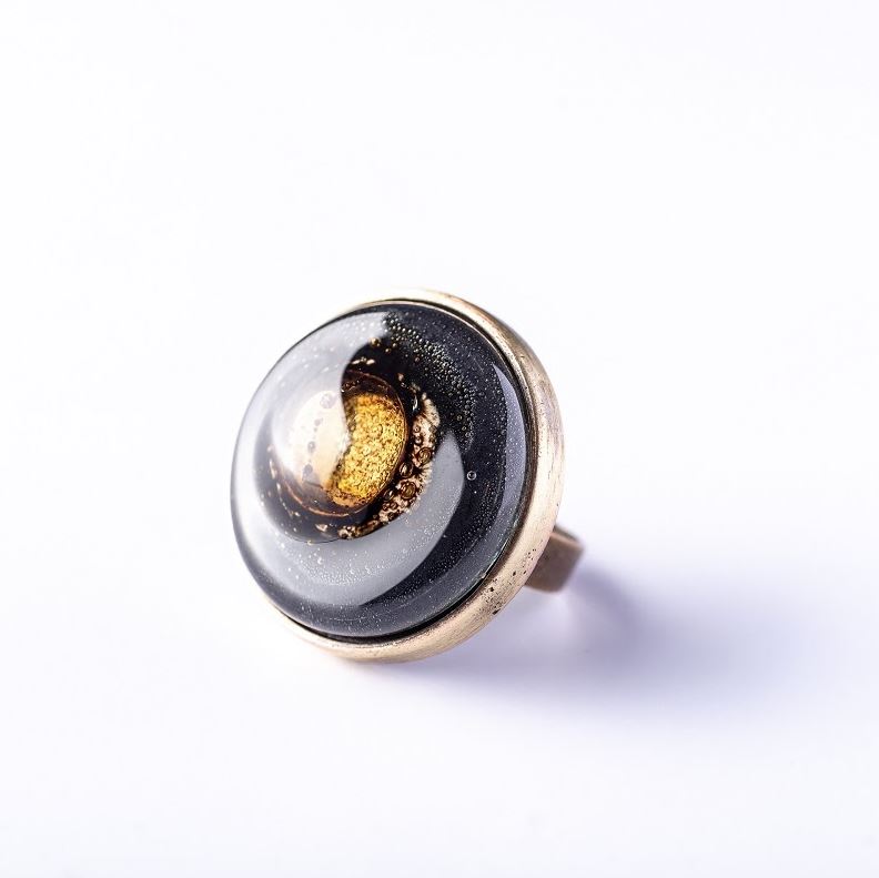 Cristalida Fashion Adjustable Ring /  Fused Glass, Metal / Black, Bronze / One Size
