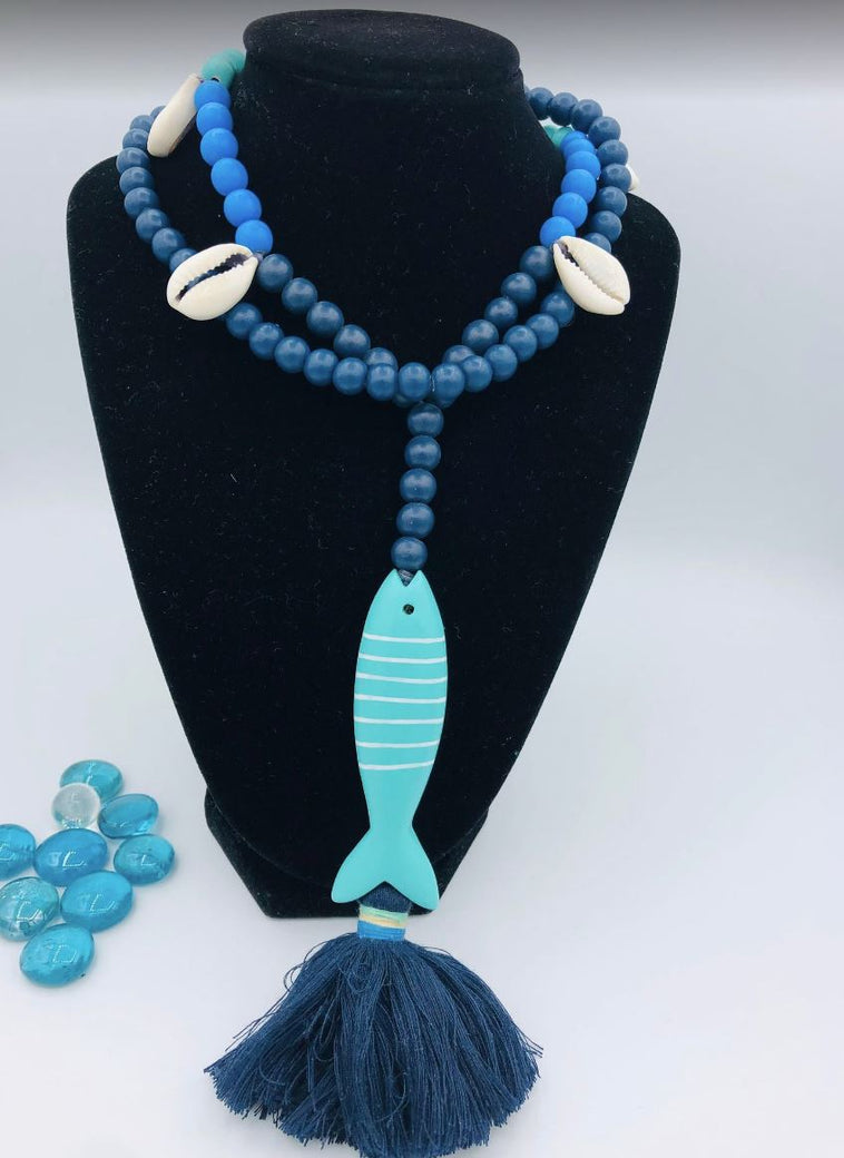 Moon C Fish Pendant Long Necklace / Wood, Cotton, seashell / White, Beige, Blue