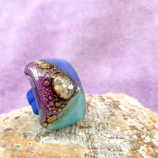 Cristalida Large Fashion Ring For Her / Fused Glass, Lycra / Blue, Purple / All Sizes
