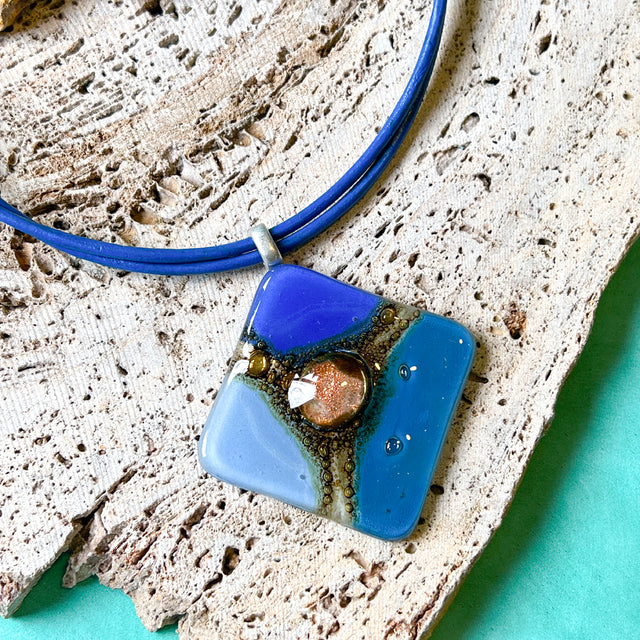 Cristalida Rhombus Pendant  Short Necklace / Fused Glass, Leather Cords / Blue / Cairo Necklace