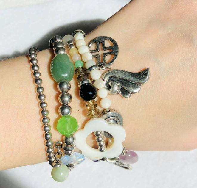 Moon C Charm Bracelet For Women / Natural Stones, Pearl, Metal, Glass / Grey, Green, Metallic, Purple / Gift Idea / Boho Bracelet