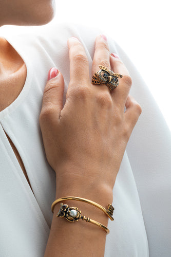 Alcozer Owl Key Cuff Bracelet / Golden Brass, Swarovski Crystals, Pearl, Garnet / Costume Jewelry