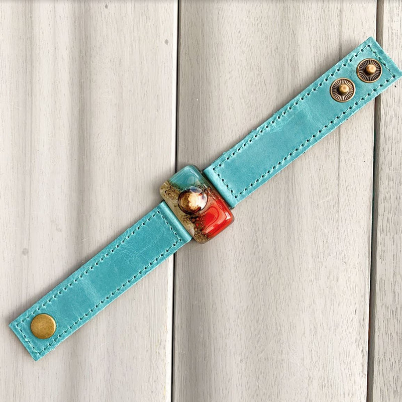 Cristalida Fashion Leather Bracelet / Fused Glass, Leather / Green, Blue, Red, Grey / Width: 0.9 Inches, 2 Cm