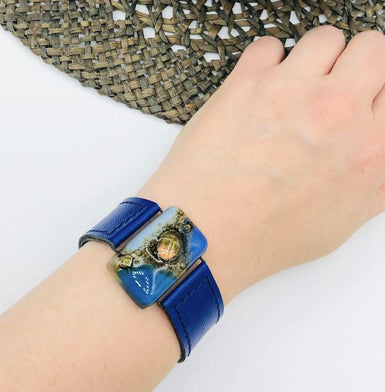 Cristalida Unique Bracelet For Women / Leather, Fused Glass / Blue / 2 cm - 0.9 Inches / Casual Bracelet