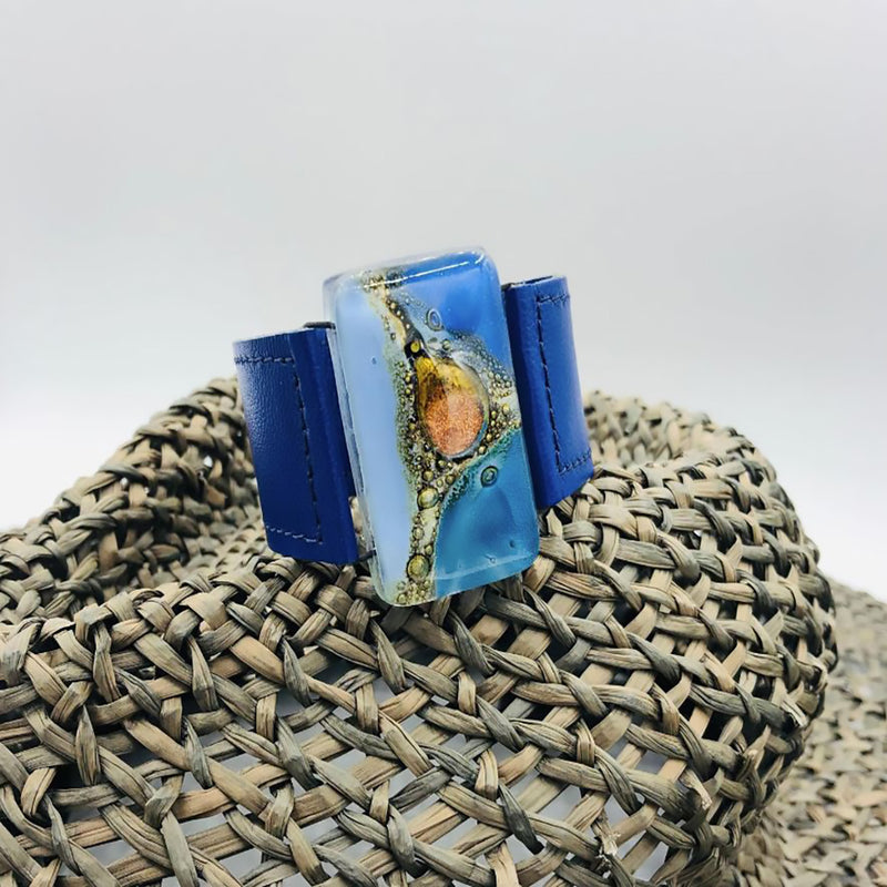 Cristalida Fashion Leather Bracelet / Fused Glass, Leather / Blue / 1.1 Inches, 3 Cm / Gift Idea