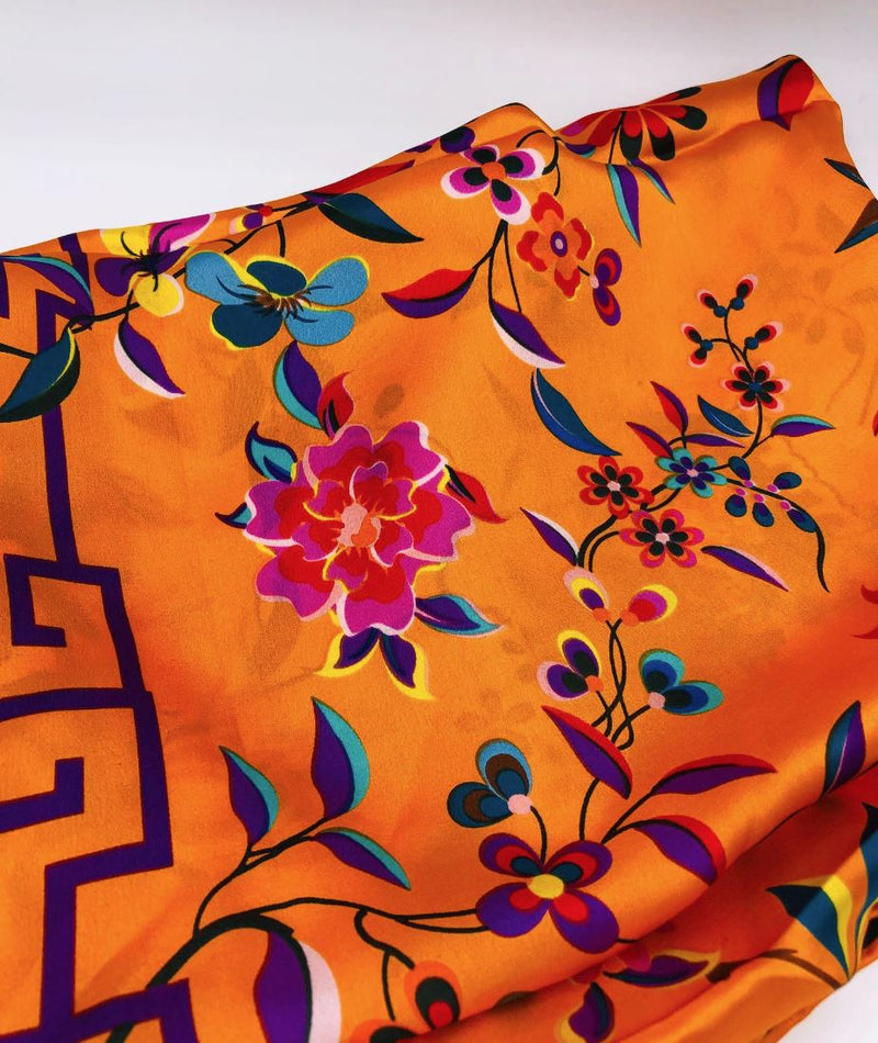 Fashion Luxury Silk Scarf  For Women / Bright Orange, Dark Green, Multicolor / 35" x 35", 12 mm / 100% Silk Satin