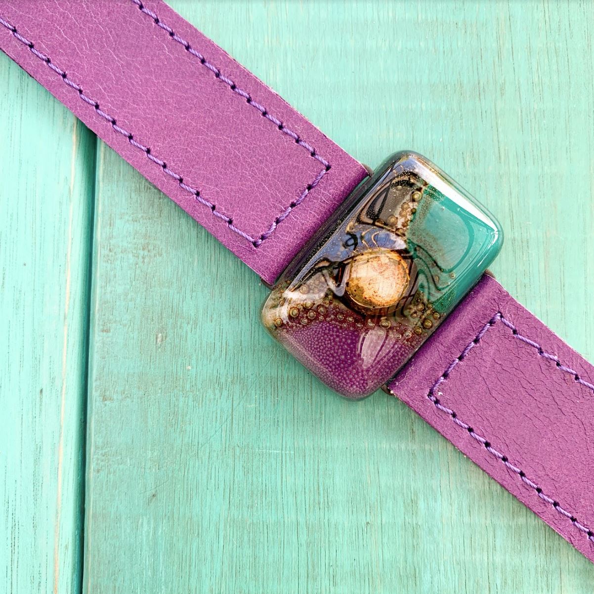 Cristalida  Fashion Bracelet For Women / Leather, Fused Glass / Bright Purple, Black, Emerald / 2 cm - 0.9 Inches-1