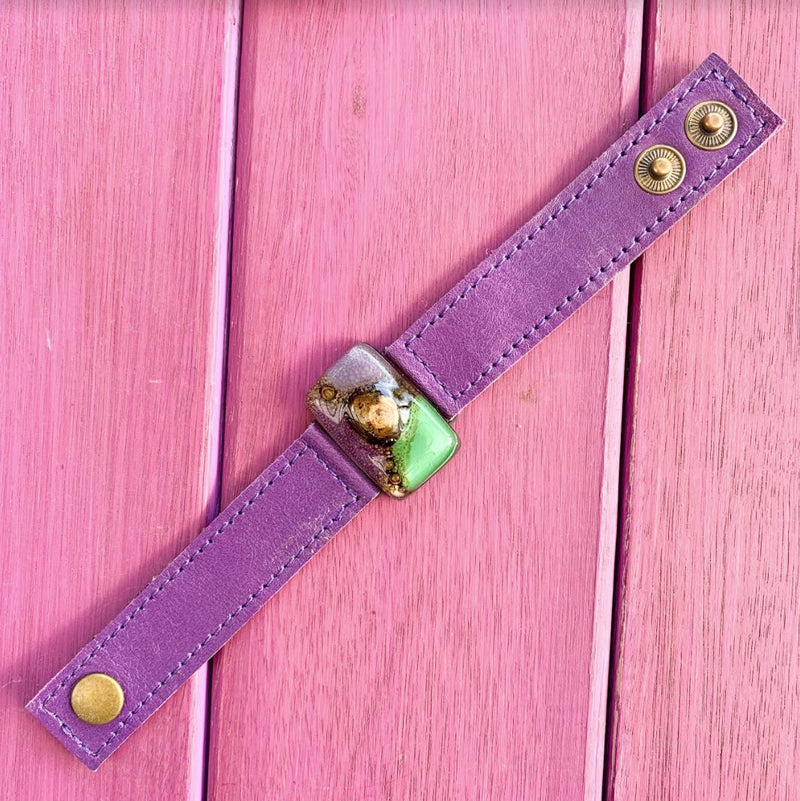 Cristalida  Fashion Bracelet For Women / Leather, Fused Glass / Bright Purple, Green / 2 cm - 0.9 Inches