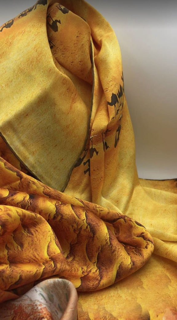 Long Desert Fashion Silk Scarf  For Women / Yellow, Orange / 20.47" x 66.93"/ 100% Silk Satin / Gift Idea