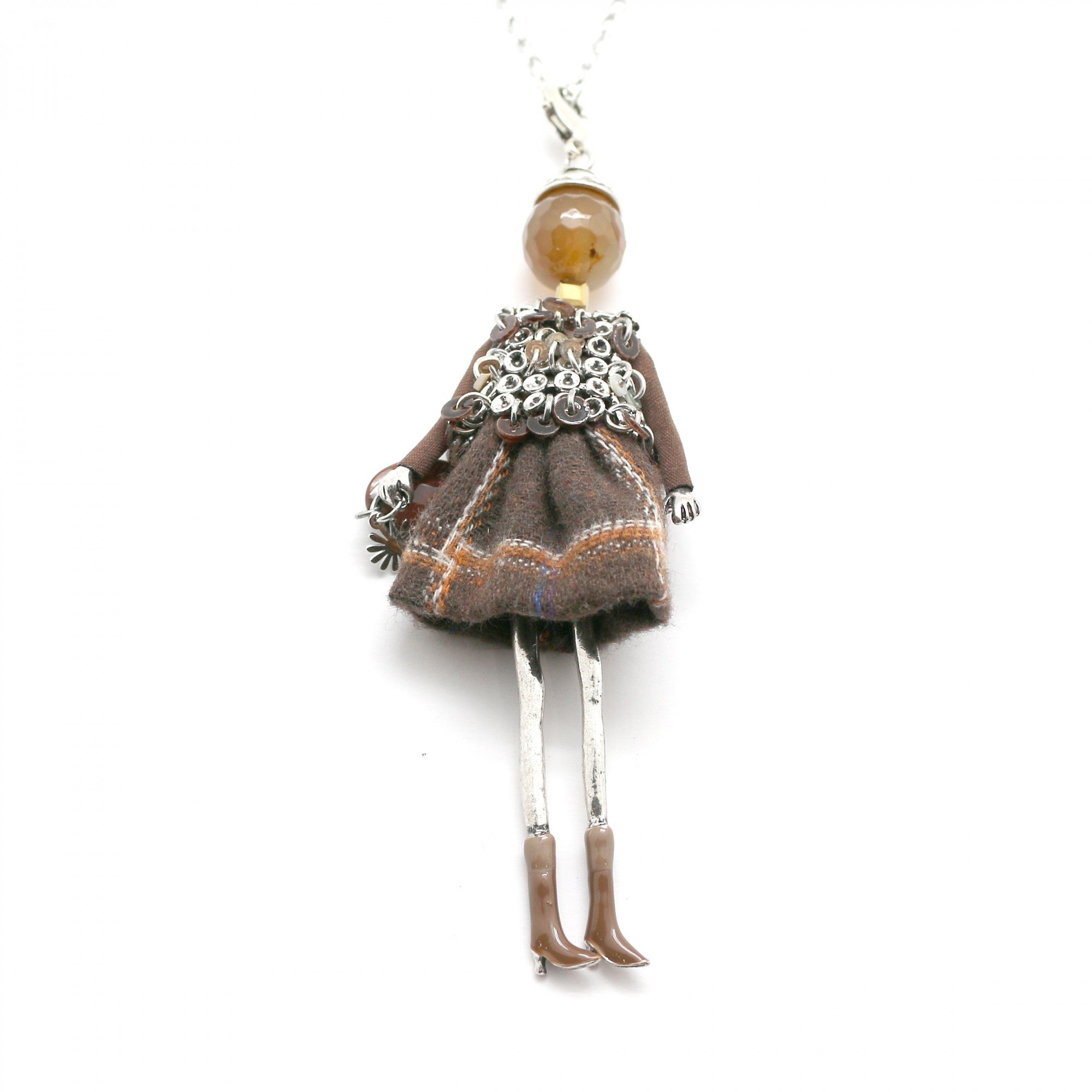 Moon C Doll Pendant on a Long Chain, Agate, Fabric, Metal / Beige, Brown / 4 Inches / Gift Idea