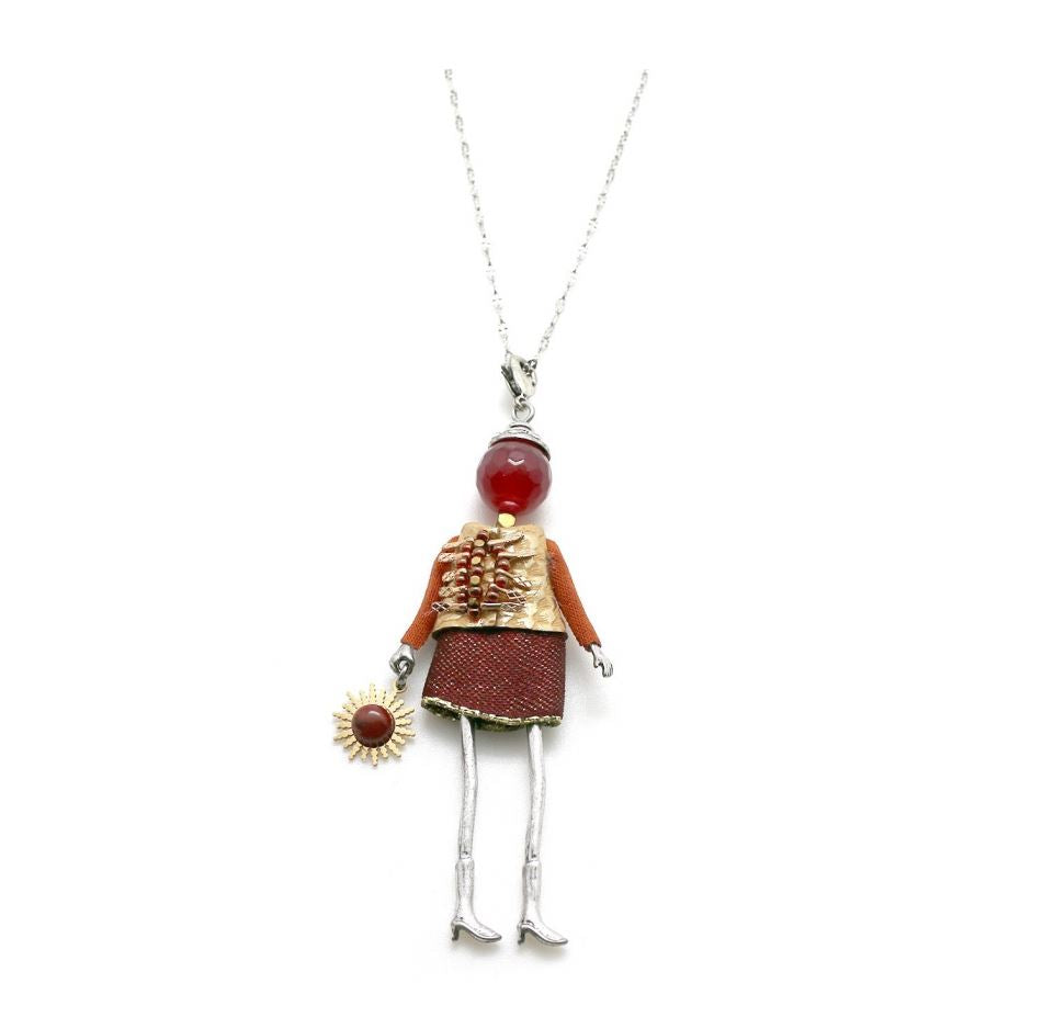 Moon C Small Doll Pendant on a Long Chain, Agate, Fabric, Metal / Burgundy, Golden / 3 Inches / Gift Idea