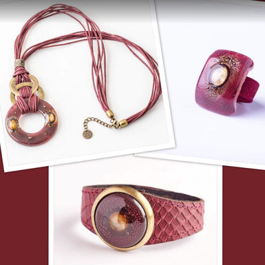 Cristalida Fashion Jewelry Set For Women, Burgundy Color, Bracelet / Long Necklace / All Sizes Ring