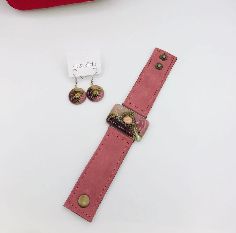 Cristalida Fashion Jewelry Set / Fused Glass, Leather / Pink, Burgundy / 3 cm Bracelet, Earrings / Gift Idea