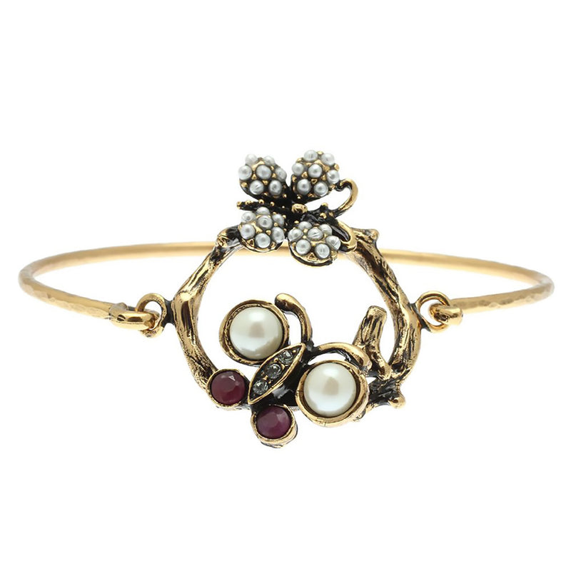 Alcozer Butterfly Bracelet / Golden Brass, Pearls, Swarovski, Rubies / Costume Jewelry