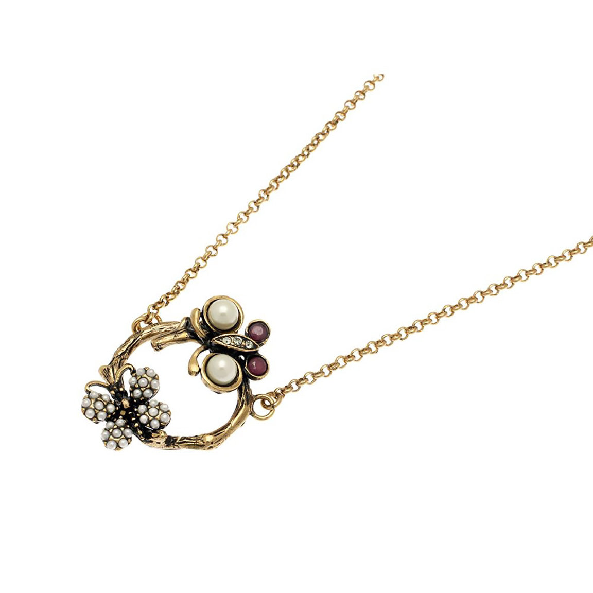 Alcozer Butterfly Short  Necklace / Golden Brass, Pearls, Swarovski, Rubies - 0